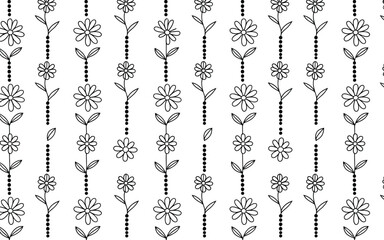 Hand Drawn Floral Seamless Pattern of Black Daisy Flowers and Leaves on Dotted Vertical Lines