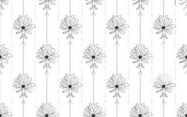 Ethereal Sketchy Floral Seamless Pattern of Delicate Black Flowers on Thin Vertical Lines