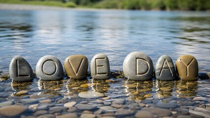 Valentine's day celebration with love day written in stones by water