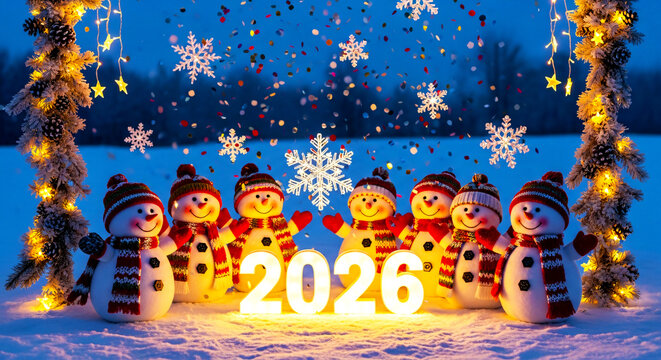 Festive Snowmen Celebrate New Year 2026 in a Winter Wonderland - Powered by Adobe
