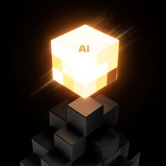 Artificial intelligence core represented by glowing cube technology on a dark background