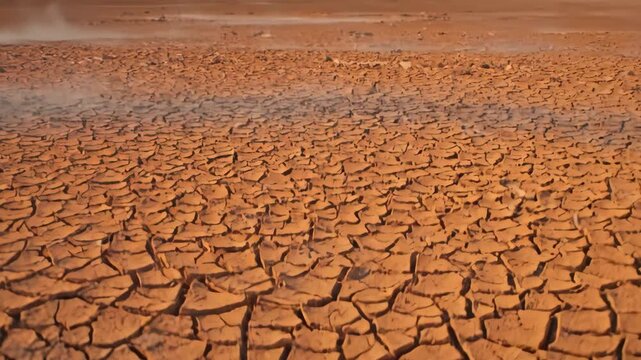 Dry cracked earth texture stretching across a barren landscape. Cinematic visualization of severe drought, water scarcity, and desertification caused by extreme heat.