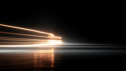 Abstract light trails illuminating a dark, reflective surface, creating dynamic linear patterns