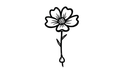 Simple hand-drawn black and white line art illustration of a single flower with five petals on a stem with small leaves.