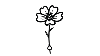 Simple hand-drawn black and white line art illustration of a single flower with five petals on a stem with small leaves.