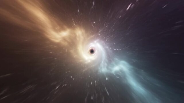 Black hole space travel animation through colorful cosmic energy and twisting nebulae. Galaxy wormhole with fast light streaks background.