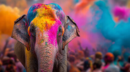 Celebration of Holi festival with bright colors around an Indian elephant at a lively gathering