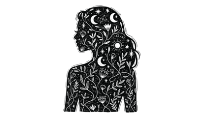 Black and white silhouette of a woman’s profile filled with mystical celestial elements, blooming flowers, and botanical vines.