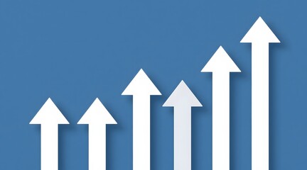 White arrows pointing upwards on a blue background illustrating growth and progress