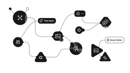 Abstract vector illustration of a neural network workflow featuring nodes for text input, image processing, and model settings.