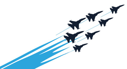An illustration of a squadron of military fighter jets flying in formation leaving long blue streaks behind them during an airshow display.