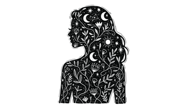 Black and white silhouette of a woman’s profile filled with mystical celestial elements, blooming flowers, and botanical vines. - Powered by Adobe