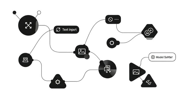 Abstract vector illustration of a neural network workflow featuring nodes for text input, image processing, and model settings.