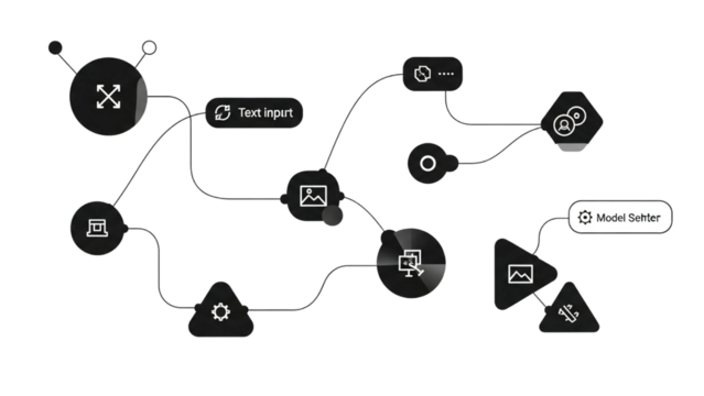 Abstract vector illustration of a neural network workflow featuring nodes for text input, image processing, and model settings. - Powered by Adobe