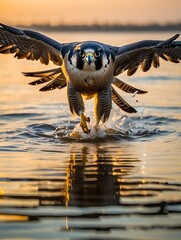 Peregrine falcon in dynamic flight, splashing water as it takes off from a golden lake surface.