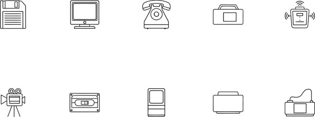 A collection of various electronic devices and gadgets in blue line art style © Ranuka41