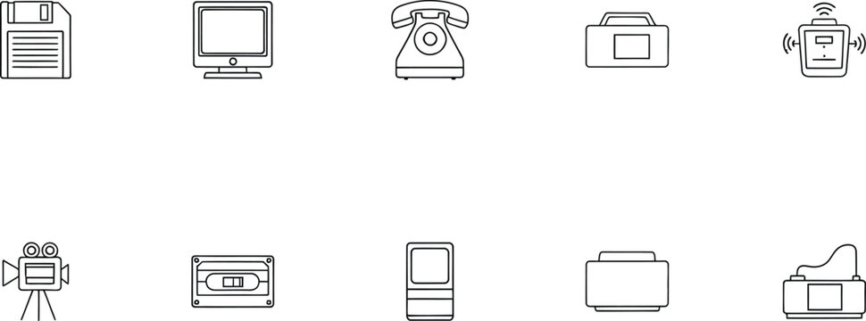 A collection of various electronic devices and gadgets in blue line art style