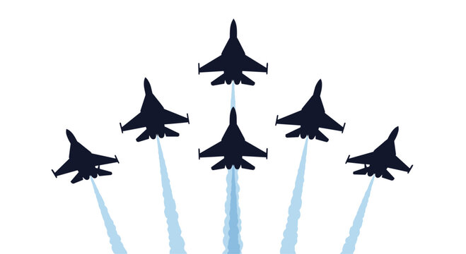 A squadron of six military fighter jets performing a diamond formation aerobatic maneuver leaving blue smoke trails during an airshow.