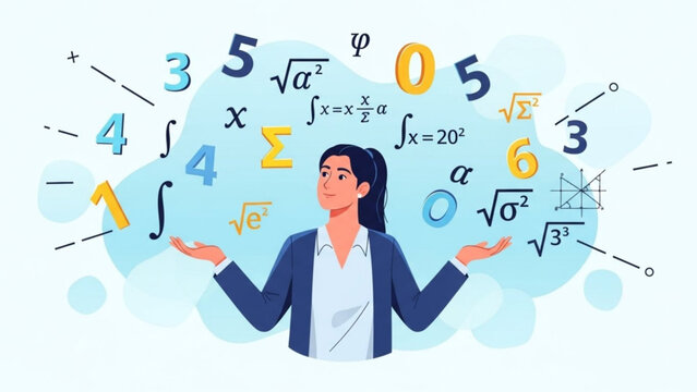 Confused Business Woman Surrounded by Mathematical Equations and Symbols