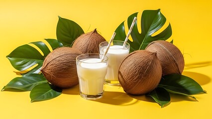 Fresh coconut milk with coconuts and leaves on yellow background