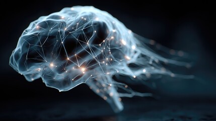 Digital artificial intelligence brain glowing, neural network connections, futuristic blue aesthetic, cyber technology concept, side view with copy space 