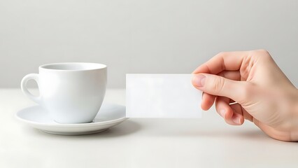 Hand holding a business card near a coffee cup on white table