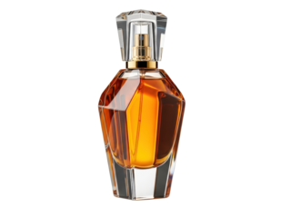 Luxury amber perfume bottle with gold accents isolated on transparent background