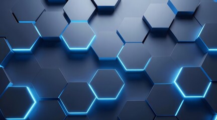 Abstract gray hexagonal pattern with glowing blue edges creates a futuristic effect