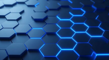Abstract arrangement of dark blue hexagons with blue light between them, a modern design