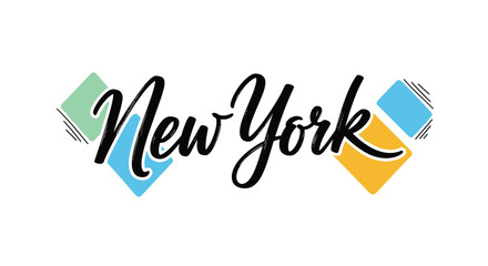 Creative New York City calligraphic lettering combined with colorful geometric diamond shapes for a modern travel design.