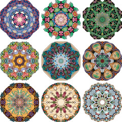Set of colorful cute Mandalas. Decorative unusual round ornaments.