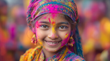 Fototapeta premium Smiling girl covered in colors during Holi festival celebration in a vibrant location
