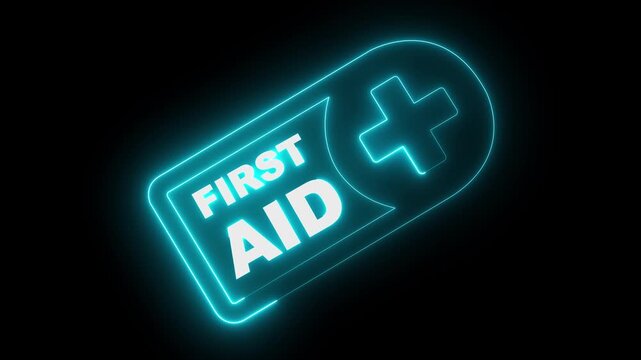 Glowing neon first aid symbol icon animation on a black background. 4k video animation.