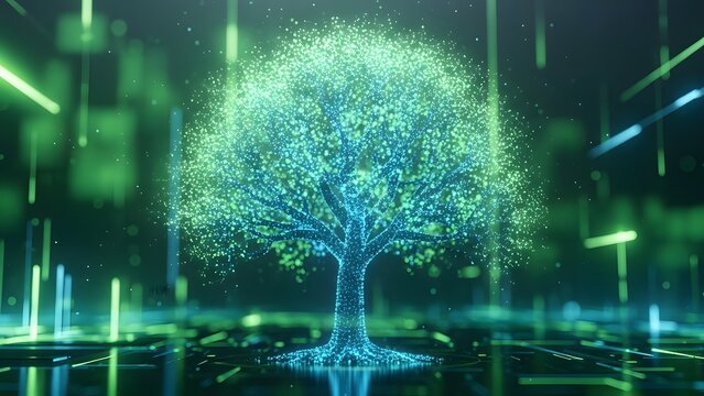 Green Energy and Sustainable Technology Concept featuring a Glowing Digital Tree in a Data Environment - Powered by Adobe