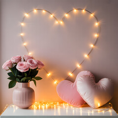 "Pink Heart-Shaped Throw Pillows with Vase of Pink Roses and Heart Fairy Lights &mdash; Cozy Romantic Bedroom Decor"