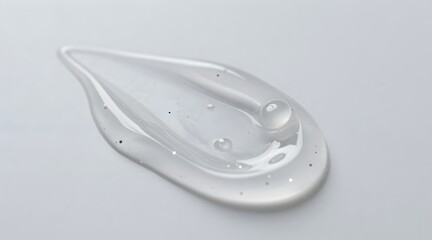 Gel serum sample with small glitter particles in a light drop shape on a white background