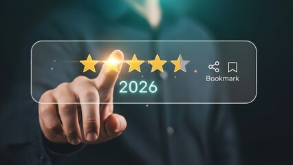 Customer Experience and Future Success Rating for 2026 with Hand Pointing at Golden Stars