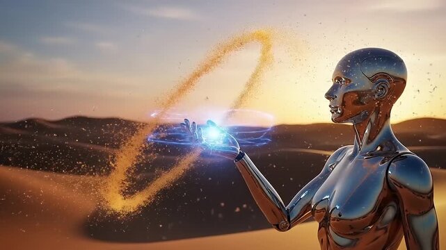 A futuristic robot creates a glowing blue circle in the desert sand at sunset.