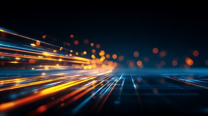 Abstract visual of speeding light trails across a grid against a dark blue background