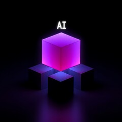 Artificial intelligence core represented by glowing cube technology on a dark background