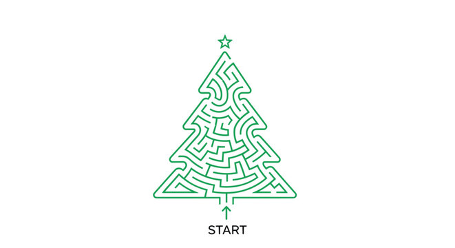 A creative and fun Christmas tree shaped line maze or labyrinth puzzle with a start point at the bottom.