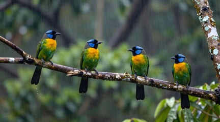 Fototapeta premium Four blue-crowned barbet birds perch on a branch in the rain in a tropical forest