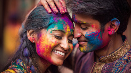 Indian couple celebrates Holi with colorful powders in joyful moment
