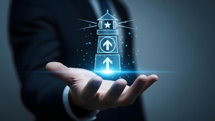 Leadership and Business Guidance Concept with Glowing Lighthouse and Growth Arrows over Open Hand
