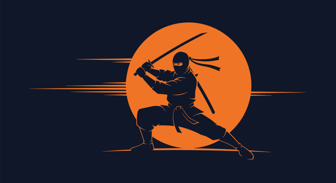 A striking silhouette of a Japanese ninja warrior with two swords posing in front of a large orange moon.