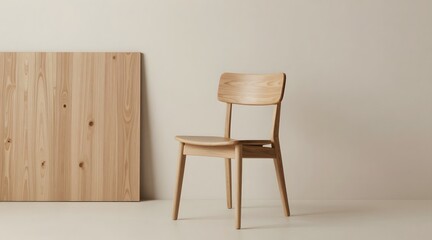 Fototapeta premium Elegant wooden chair stands beside a board with distinct wood grain patterns