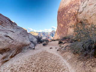 Valley of fire park landscape in Nevada state of America during nice winter day showing sand in between rock formations