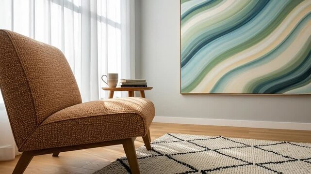 Cozy Living Room with Armchair, Art, and Rug by the Window.