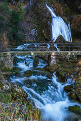 Waterfall at the source of the Mundo River with silky water effect, Riopar, Albacete, Spain