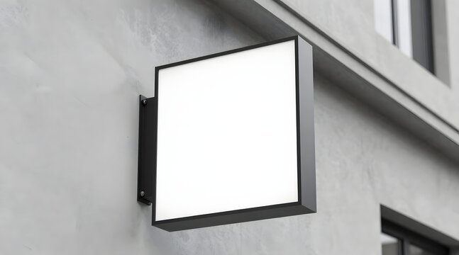 Illuminated square light box mounted on a concrete building wall provides space for signage